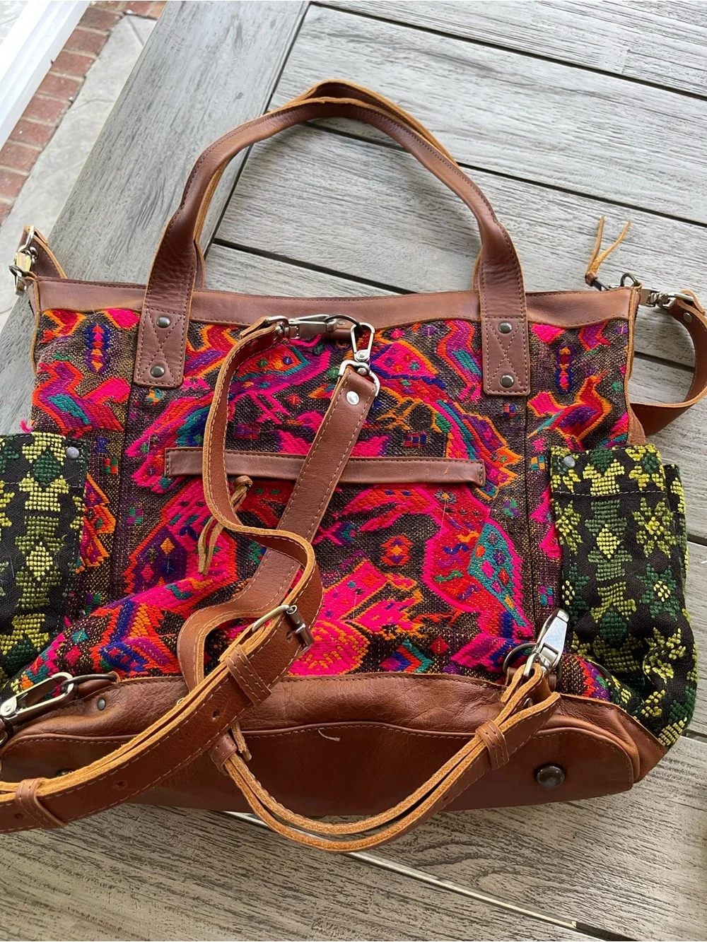 Nena & Co. Guatemalan Huipil Textile & Leather Upcycled Convertible Day Bag